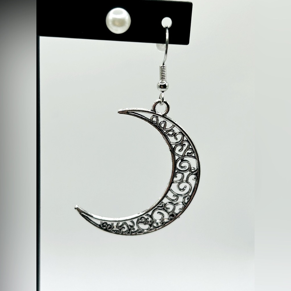 Large filigree Boho crescent moon earrings